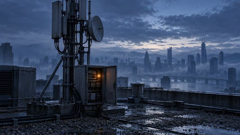 A rooftop relay mast over a grey city